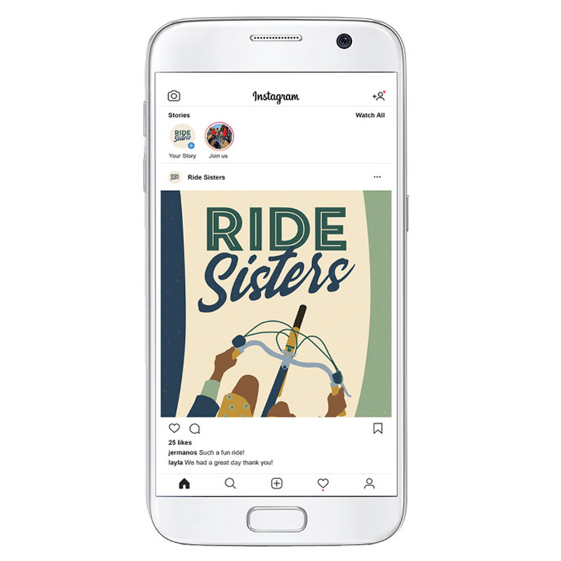 mobile phone containing a instagram post for Ride sisters featuring branding illustration