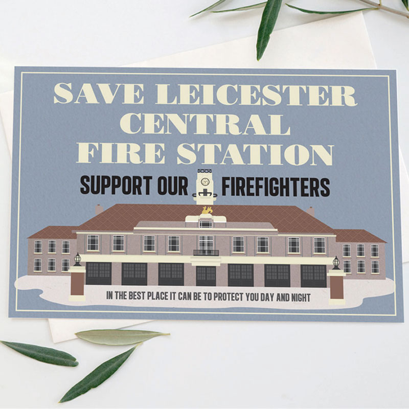 Poster with an illustration of a building with the words Save Leicester Central Fire Station
