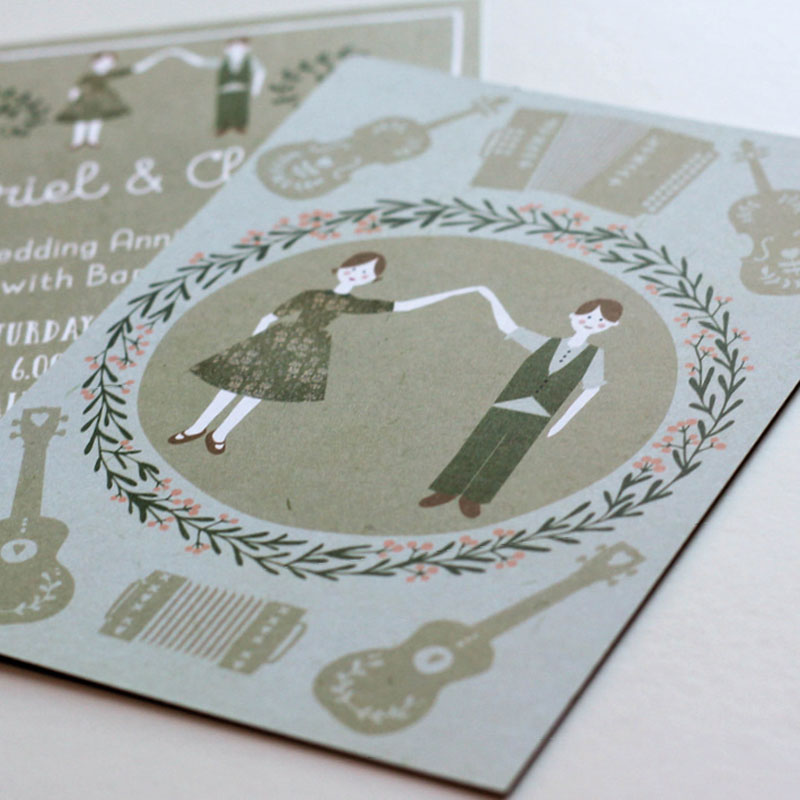 Party invitation featuring illustration of ceilidh dancers and instruments