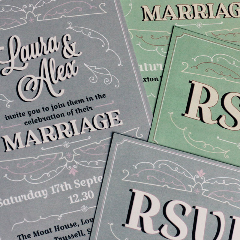 Wedding invite and rsvp design in various colours