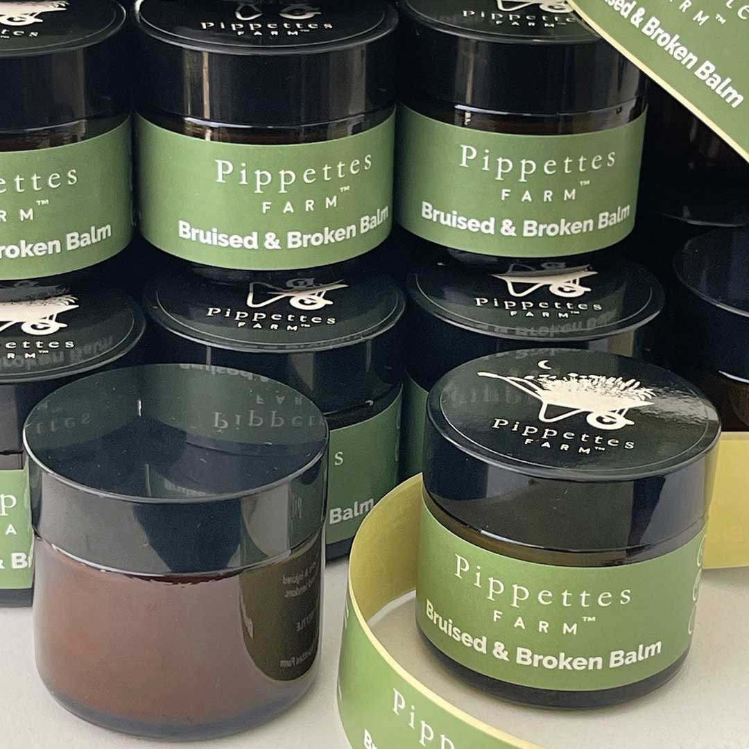 Bruised and broken balms displayed with labels.