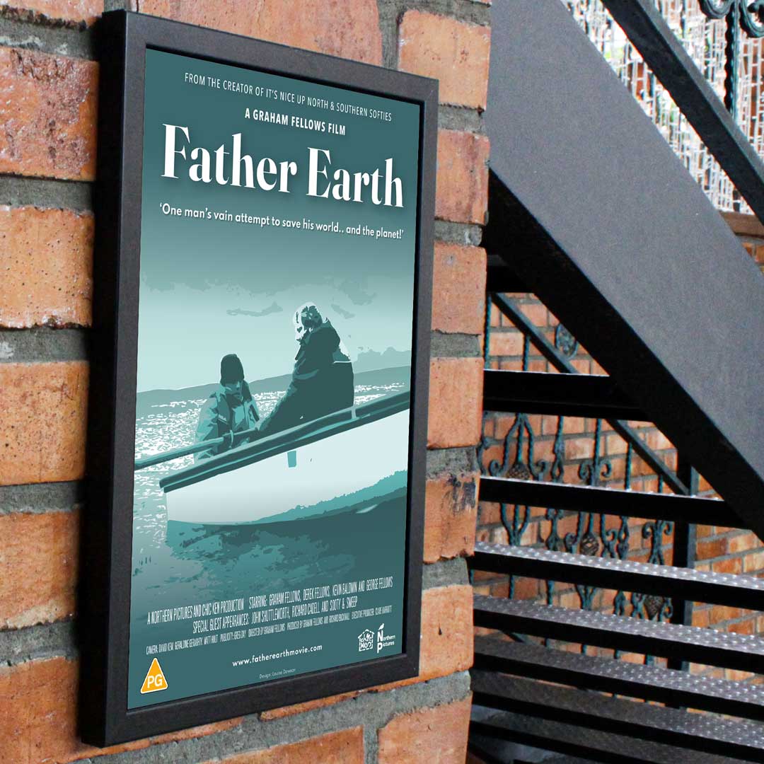 Father Earth film poster being displayed on a brick wall