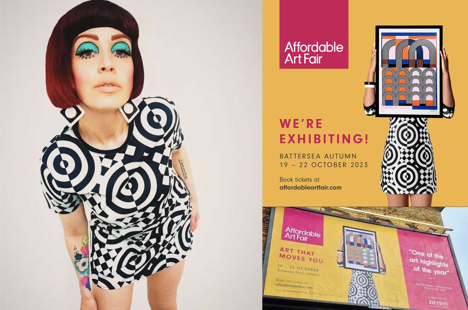 lhm-op-art-dress Model wearing op art dress. Dress featured in a online ad and a billboard.