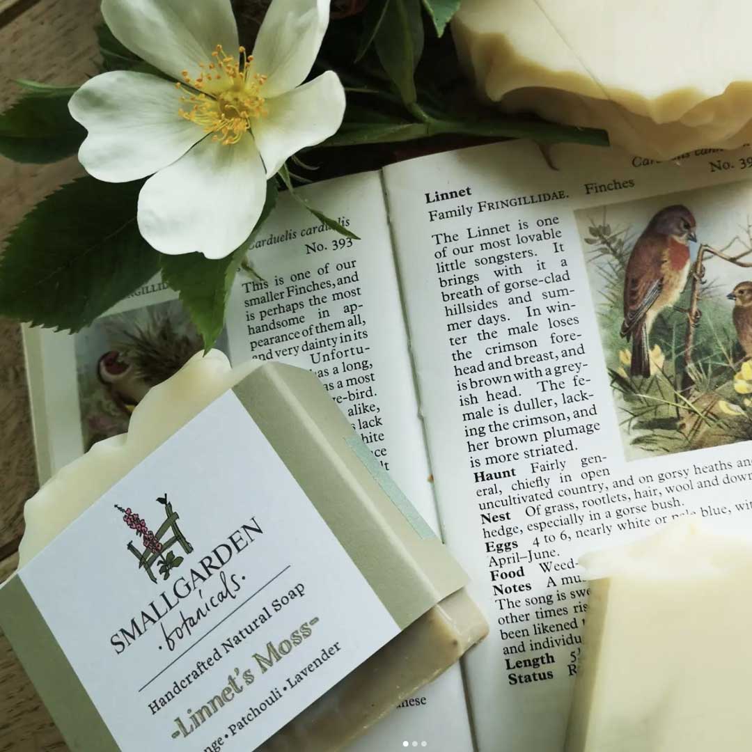 Linnets moss soap with a background of a bird book
