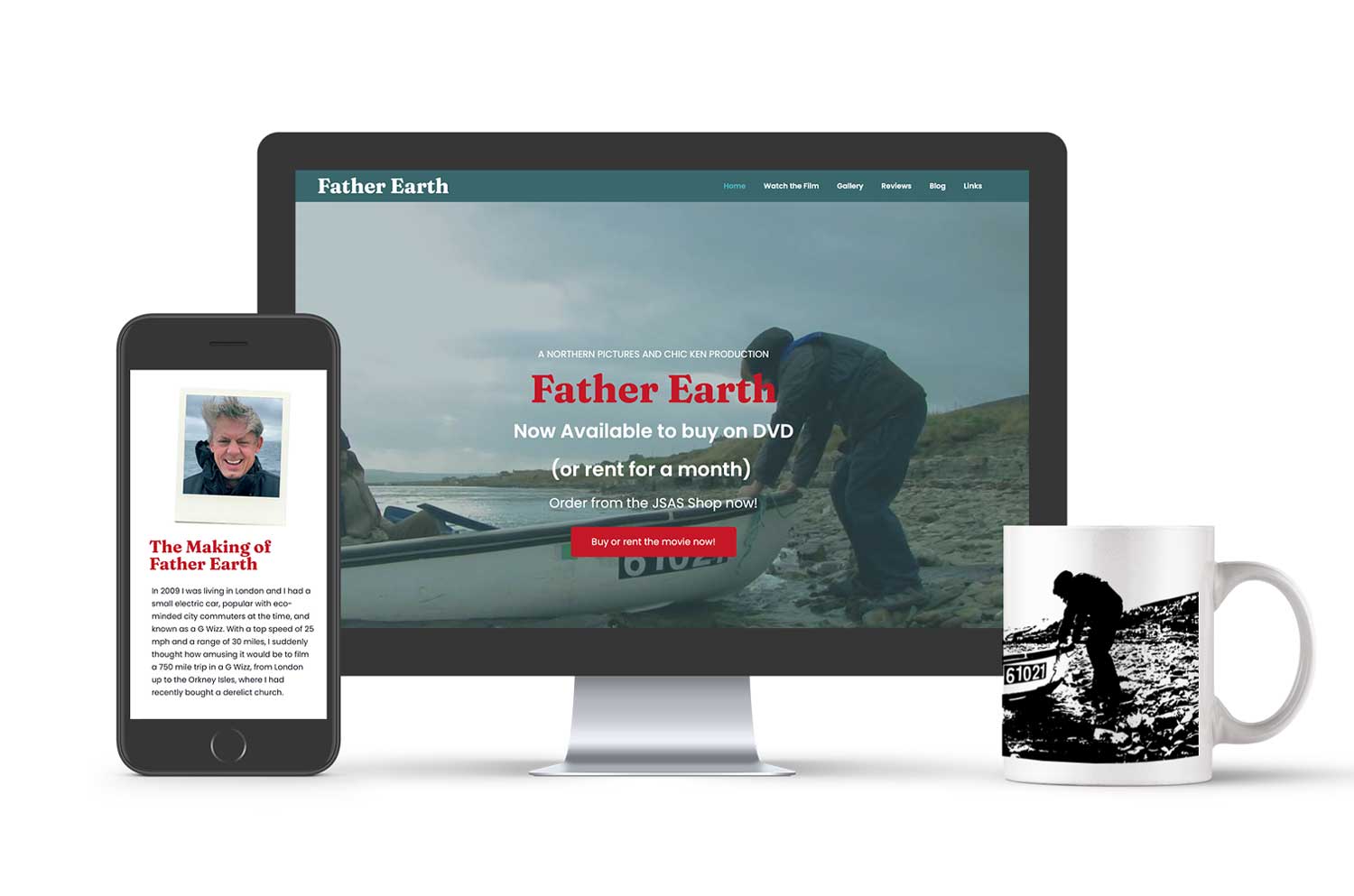 A computer and a phone displaying the Father earth website with a branded mug